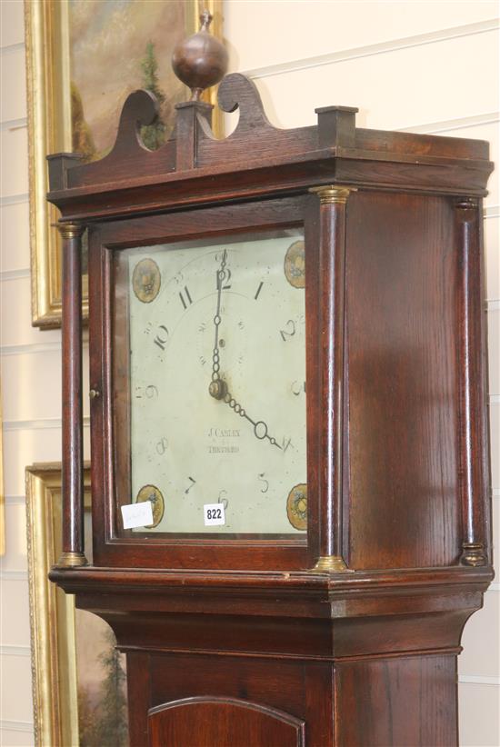 J. Carley. Thetford. An early 19th century oak thirty hour longcase clock H.215cm
